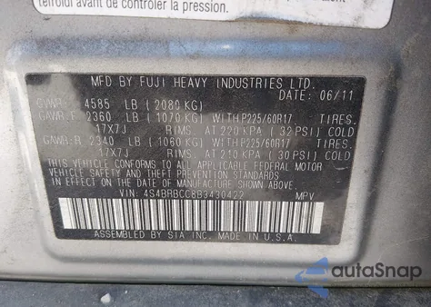 2011 Subaru Outback 2.5I Premium z USA, uszkodzony, nr VIN 4S4BRBCC8B3430422